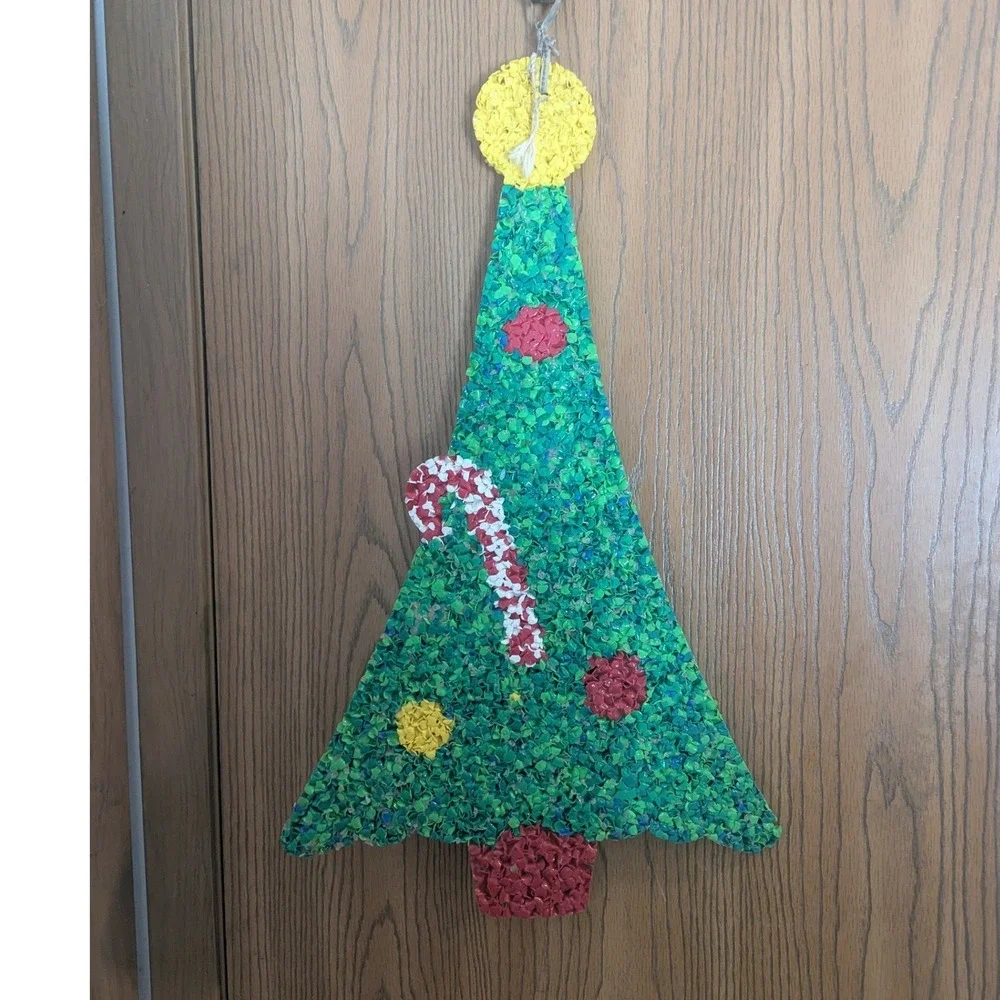 Vintage Melted Popcorn Plastic Christmas Tree Candy Cane Retro Wall Decor